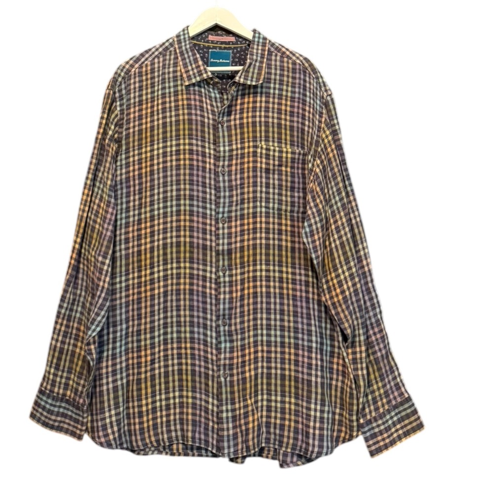 Tommy Bahama Mens XXL Long Sleeve 100% Linen Plaid Button Down Shirt Multi-Color
